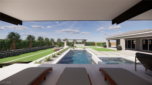 view of pool with a patio area, a fenced in pool, and a lawn