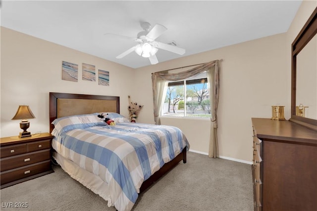 bedroom with visible vents, ceiling fan, baseboards, and carpet floors