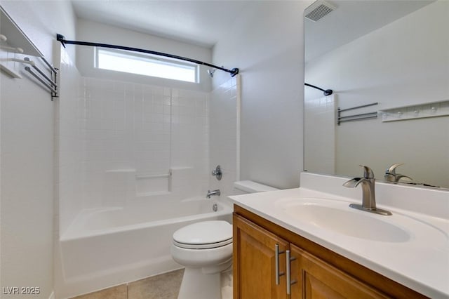 full bath featuring vanity, visible vents, bathtub / shower combination, tile patterned floors, and toilet