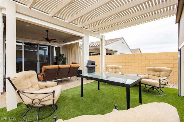 view of patio featuring area for grilling, a pergola, outdoor lounge area, and fence