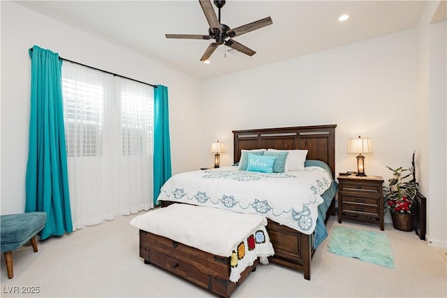 carpeted bedroom featuring recessed lighting and ceiling fan