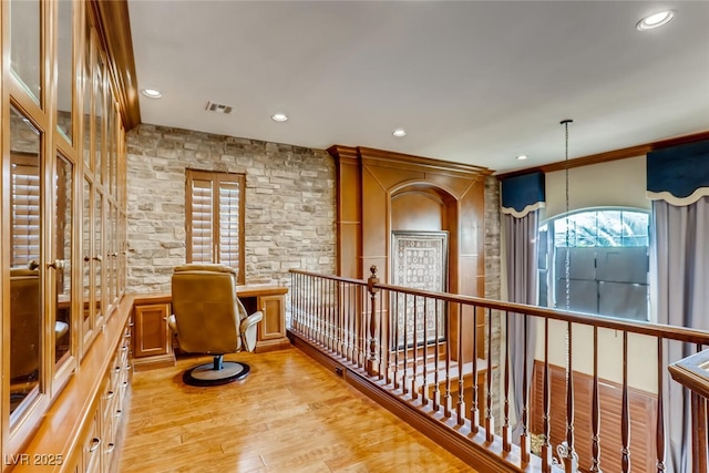 hall featuring recessed lighting, visible vents, and light wood-style flooring