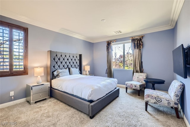 bedroom with light carpet, visible vents, and crown molding