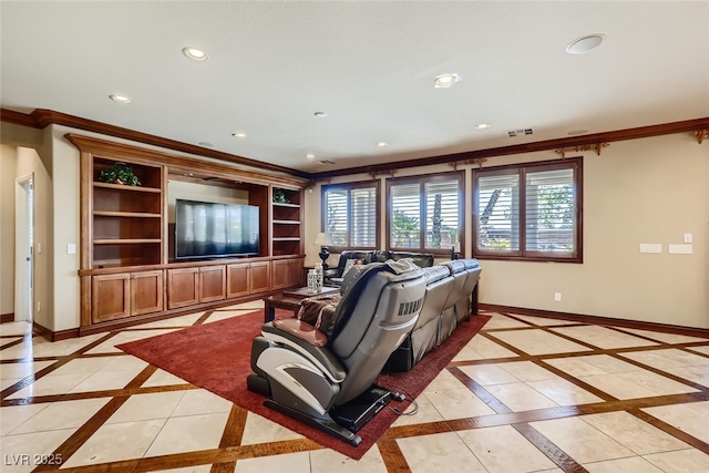 living room featuring visible vents, recessed lighting, baseboards, and ornamental molding