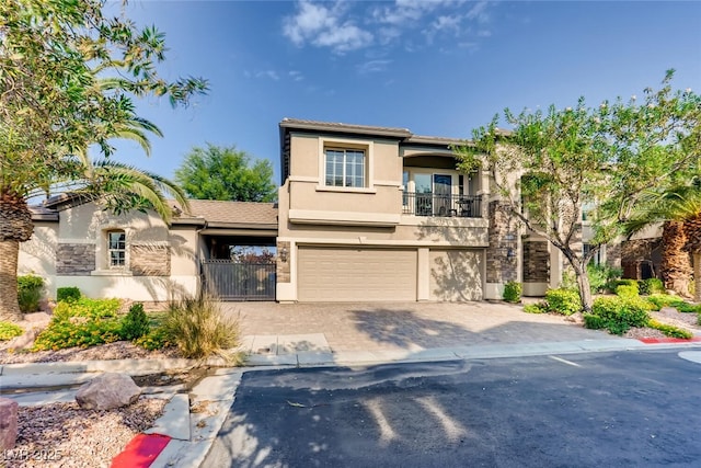 view of front of property with stucco siding, an attached garage, a balcony, and driveway