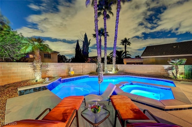 view of pool with an in ground hot tub, a fenced backyard, and a fenced in pool