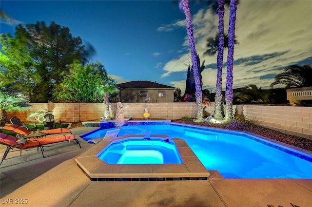 view of swimming pool with an in ground hot tub, a fenced backyard, a fenced in pool, and a patio