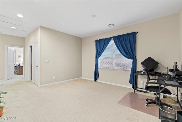 office space with recessed lighting, visible vents, baseboards, and carpet