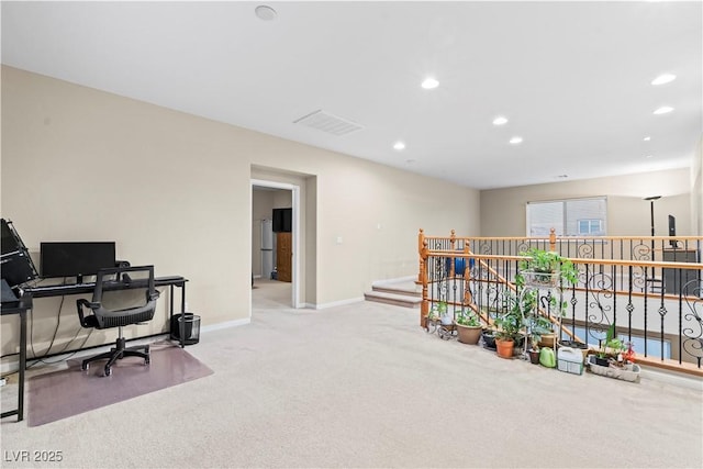 office space featuring visible vents, recessed lighting, baseboards, and carpet