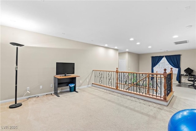 interior space with recessed lighting, visible vents, carpet flooring, and baseboards