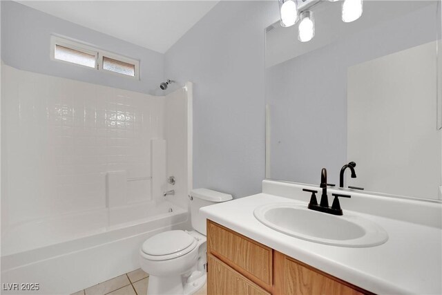 bathroom with tile patterned flooring, shower / tub combination, toilet, and vanity