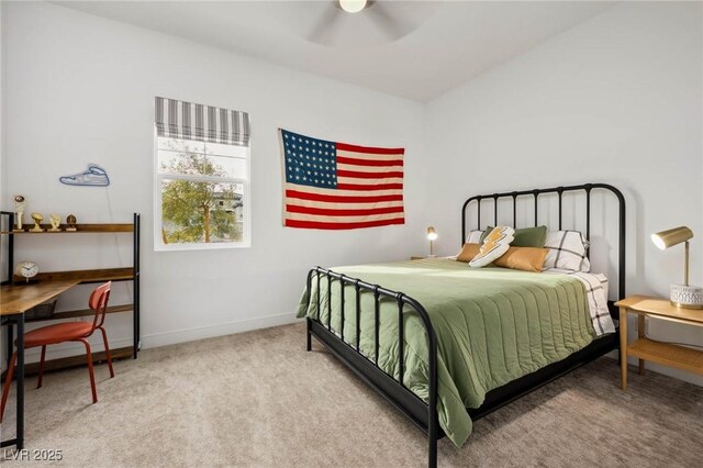 bedroom featuring carpet flooring, baseboards, and ceiling fan