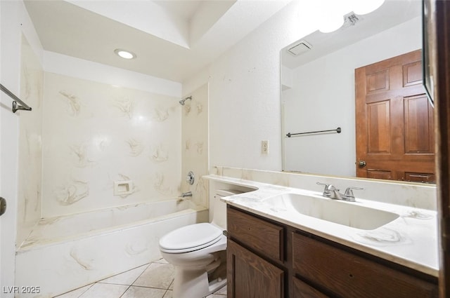 full bathroom featuring visible vents, toilet, vanity, tile patterned flooring, and shower / bathtub combination