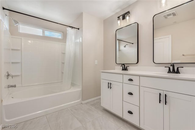 full bathroom with double vanity, shower / tub combo, visible vents, and a sink