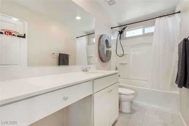 full bath featuring tile patterned floors, visible vents, toilet, shower / bath combo, and vanity