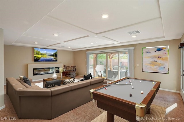 recreation room with visible vents, carpet, baseboards, recessed lighting, and coffered ceiling