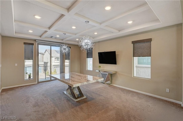 interior space featuring an inviting chandelier, carpet flooring, and coffered ceiling