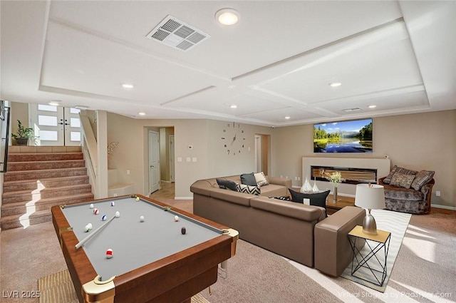 rec room featuring visible vents, baseboards, carpet floors, recessed lighting, and billiards