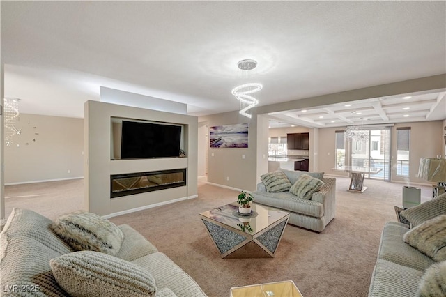 living area featuring baseboards, light carpet, beam ceiling, a notable chandelier, and coffered ceiling