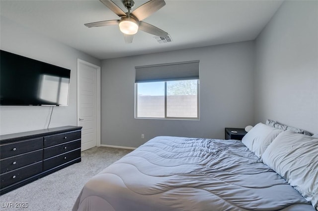 bedroom with visible vents, ceiling fan, baseboards, and carpet