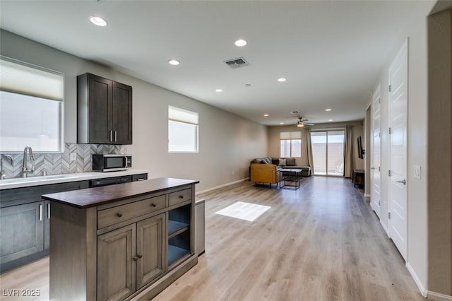 kitchen with light wood finished floors, a sink, decorative backsplash, stainless steel microwave, and open floor plan