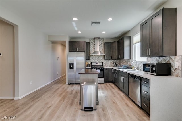 kitchen with light wood finished floors, a sink, decorative backsplash, stainless steel appliances, and wall chimney range hood