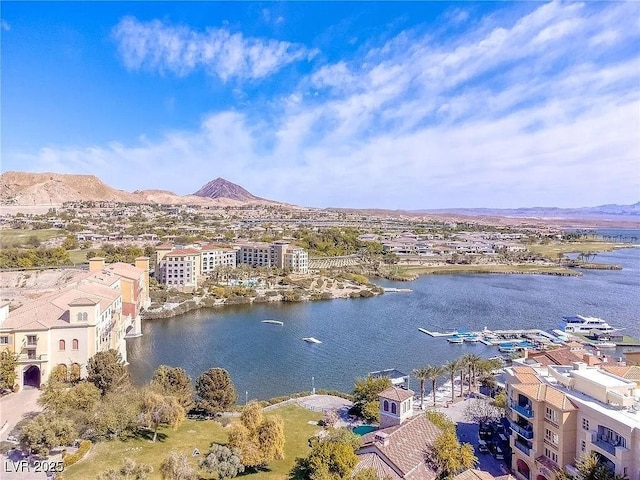 birds eye view of property with a water and mountain view