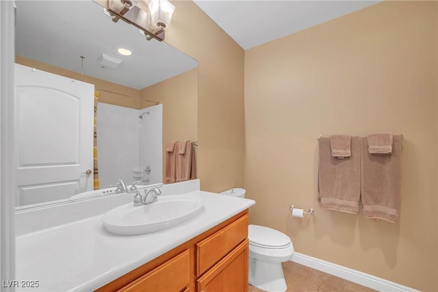 full bath featuring tile patterned flooring, baseboards, toilet, vanity, and a shower