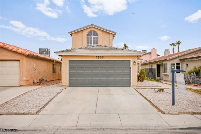 view of front of property with stucco siding, central AC unit, driveway, and a tile roof