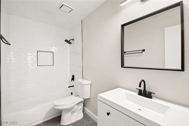 bathroom featuring visible vents, shower / washtub combination, toilet, tile patterned floors, and vanity