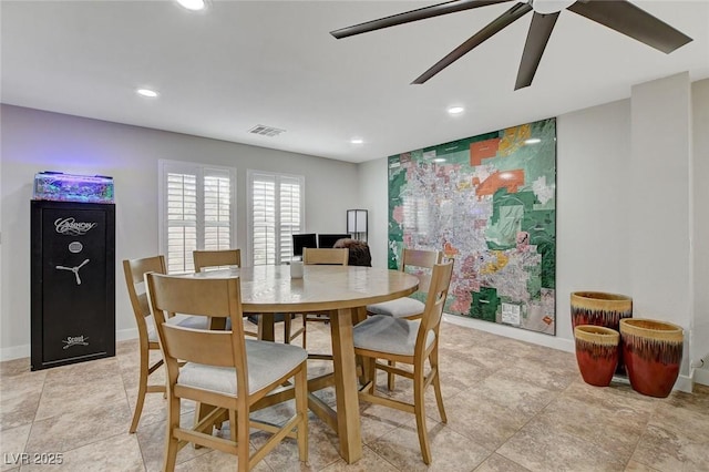 dining room featuring baseboards, recessed lighting, visible vents, and ceiling fan