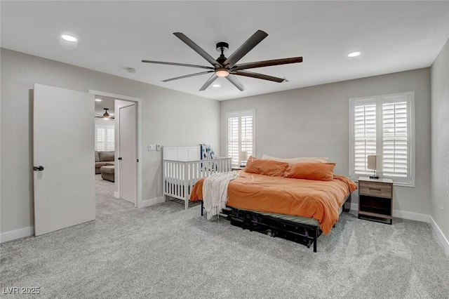 carpeted bedroom with recessed lighting, baseboards, and ceiling fan