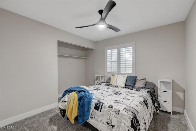 carpeted bedroom with a closet, baseboards, and a ceiling fan