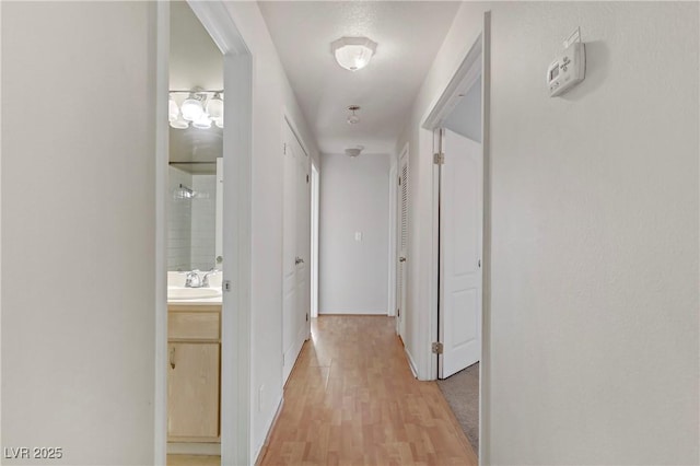 hallway with light wood-style flooring and a sink