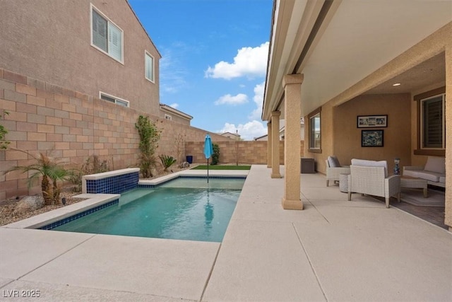 view of swimming pool with an outdoor living space, a fenced backyard, a fenced in pool, and a patio