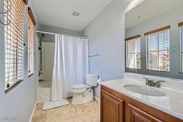 bathroom featuring vanity, visible vents, tile patterned floors, toilet, and shower / tub combo with curtain