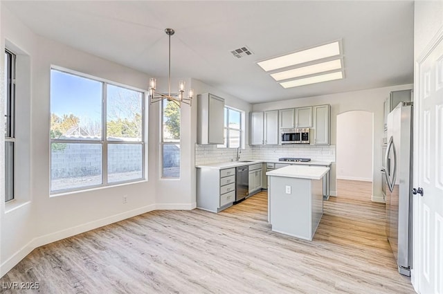 kitchen with visible vents, appliances with stainless steel finishes, gray cabinetry, and light countertops