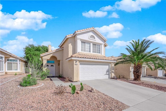 view of front of home featuring stucco siding, driveway, a garage, a chimney, and a tiled roof