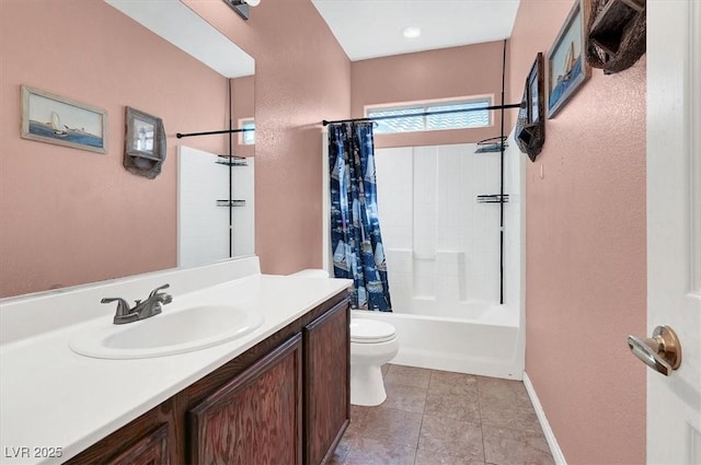 full bathroom with tile patterned flooring, baseboards, toilet, vanity, and shower / bathtub combination with curtain