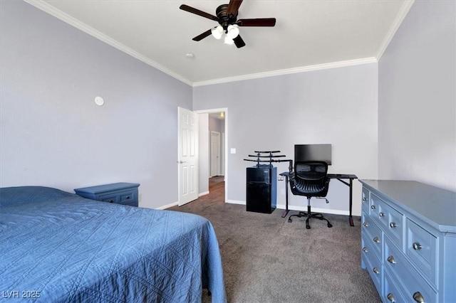 bedroom with dark carpet, a ceiling fan, baseboards, and ornamental molding