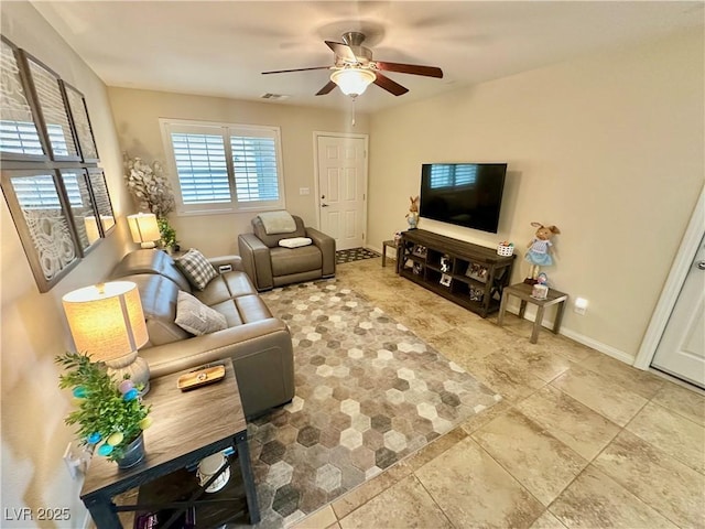 living room featuring visible vents, baseboards, and ceiling fan