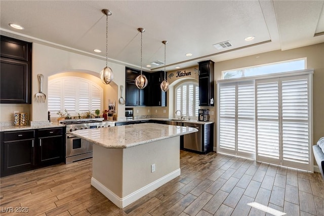 kitchen with wood finish floors, a kitchen island, arched walkways, a sink, and appliances with stainless steel finishes