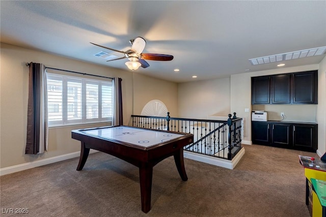 game room with recessed lighting, visible vents, baseboards, and carpet flooring