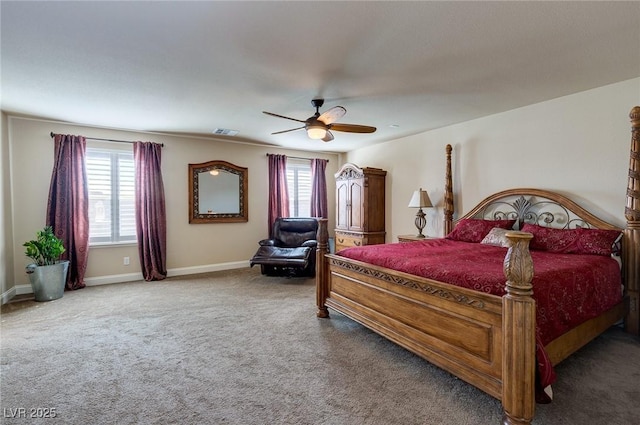 carpeted bedroom featuring visible vents, ceiling fan, and baseboards