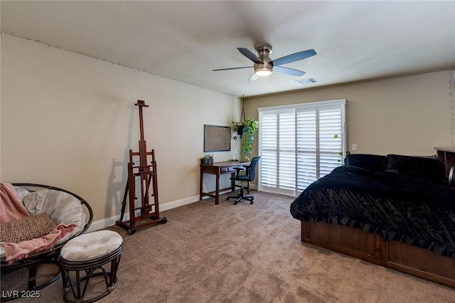 bedroom featuring visible vents, baseboards, a ceiling fan, and carpet flooring