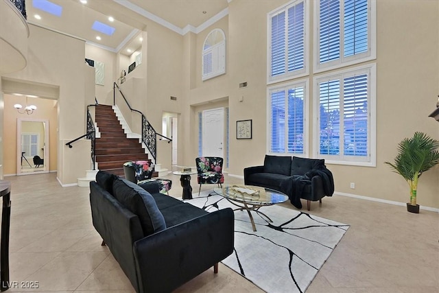 tiled living room with recessed lighting, crown molding, baseboards, a towering ceiling, and stairs