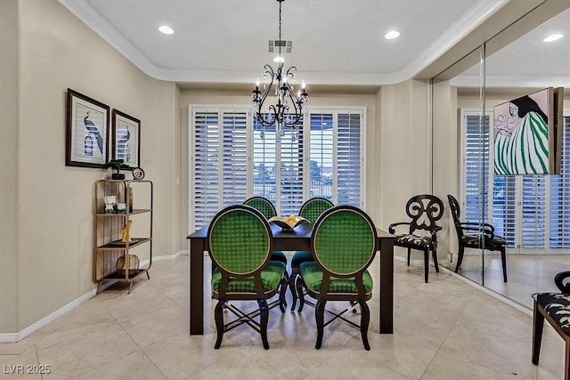 dining room with visible vents, crown molding, baseboards, light tile patterned floors, and a notable chandelier