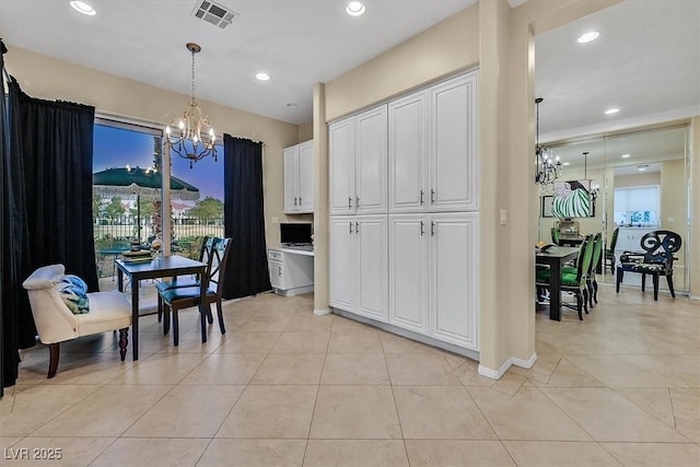 dining room with visible vents, baseboards, light tile patterned floors, recessed lighting, and an inviting chandelier