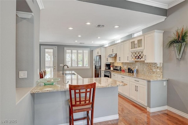 kitchen with visible vents, ornamental molding, under cabinet range hood, a kitchen breakfast bar, and stainless steel appliances