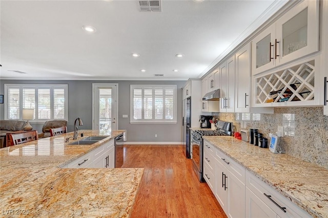 kitchen featuring visible vents, ornamental molding, under cabinet range hood, a sink, and appliances with stainless steel finishes